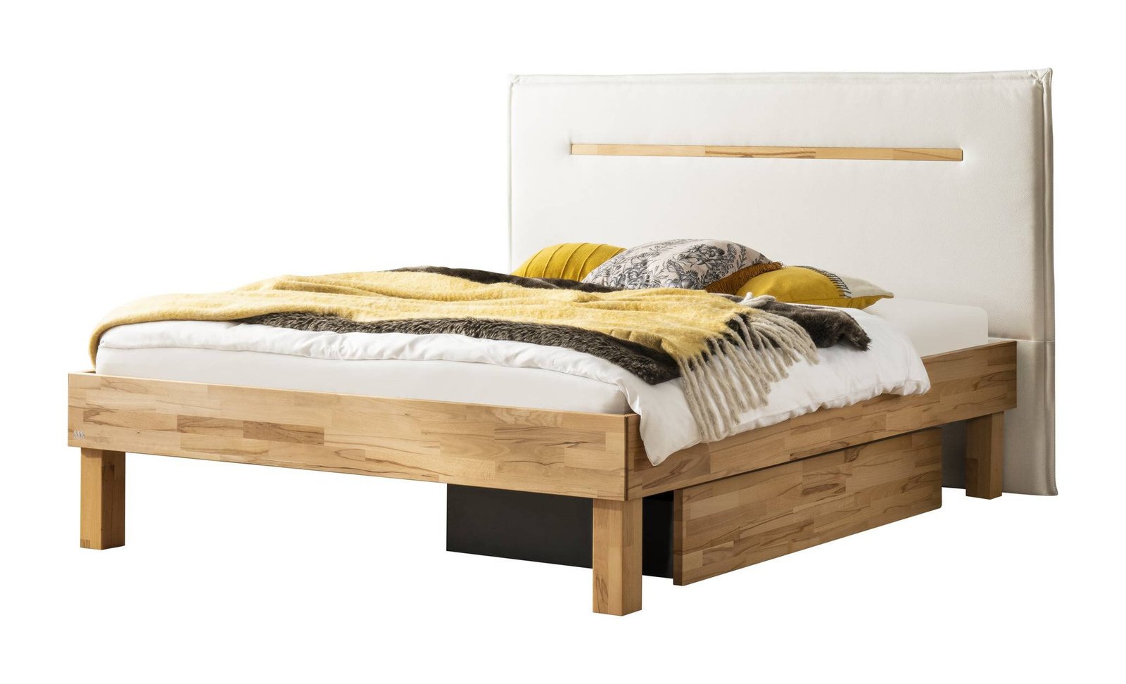 Bett Chiara Hasena Buche herz rot massiv aus holz 710-Tocco white, 180x200 cm, Weiß / Braun