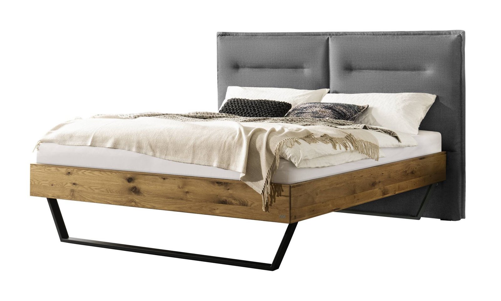 Bett Marisa Hasena Eiche massivholz-390-Alpina lightgrey 140x200 cm Anthrazit / Grau / Braun