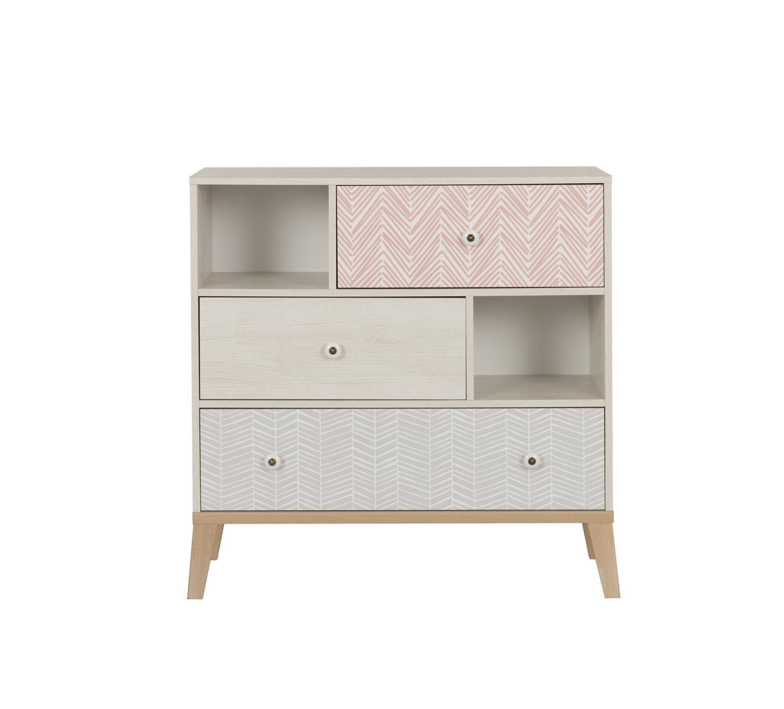 Commode 3 tiroirs 2 niches ALIKA Châtaignier blanchi Blanc 94x41