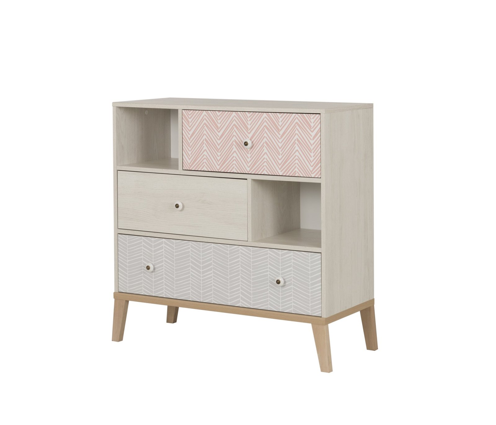 Commode 3 tiroirs 2 niches ALIKA Châtaignier blanchi Blanc 94x41 – Image 5