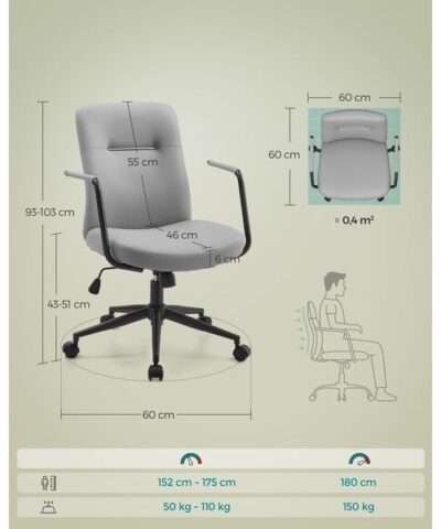 Songmics Chaise de bureau avec dossier rembourré et accoudoirs, Gris 6