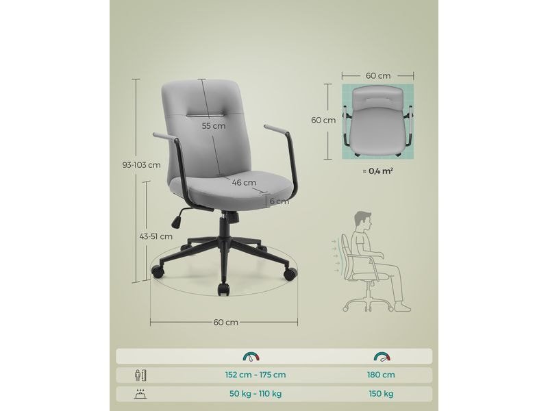 Songmics Chaise de bureau avec dossier rembourré et accoudoirs, Gris 6