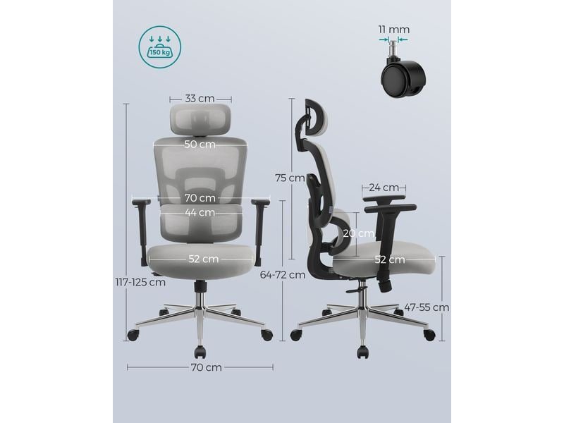 Songmics Chaise de bureau avec appui-tête et accoudoirs, Gris 6